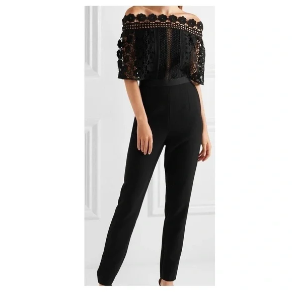 Self-Portrait Black Serena Guipure Lace Crepe Jumpsuit Crochet Pants Set - Picture 2 of 16
